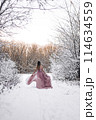 Girl in a pink dress in a winter snowy forest 114634559