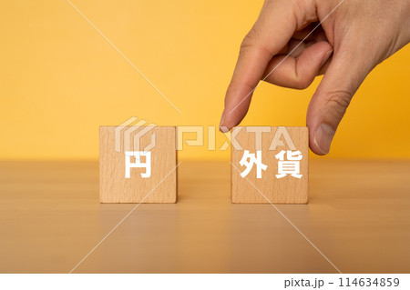 外貨の文字が入ったブロックを選ぶ手 外貨の文字が入ったブロックを選ぶ手 114634859