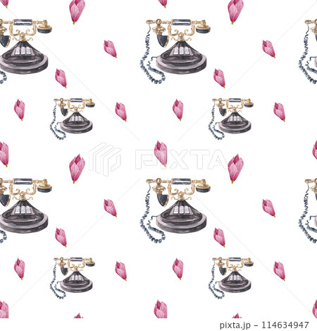 Watercolor drawing with vintage telephones and vintage watercolor magnolia flowers. Retro pattern drawn by hand Watercolor drawing with vintage telephones and vintage watercolor magnolia flowers. Retro pattern drawn by hand 114634947