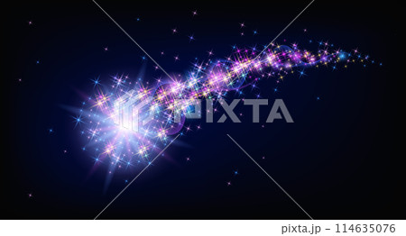 Flying sparkling comet with curved glowing dust tail  in the starry night sky. Star dust trail with shining stars. Space research concept. 114635076
