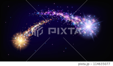 Flying sparkling two comets with curved glowing dust tail  in the starry night sky. Star dust trail with shining stars. Space research concept. 114635077