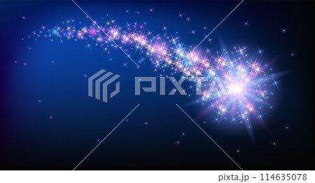 Flying sparkling comet with curved glowing dust tail  in the starry night sky. Star dust trail with shining stars. Space research concept. 114635078