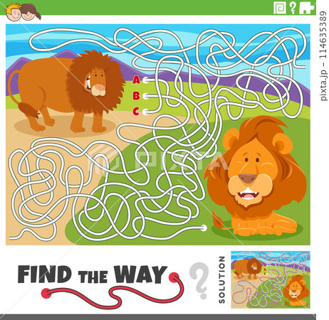 maze game with cartoon lions animal characters 114635389