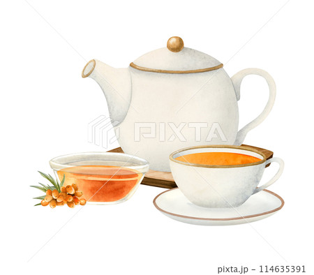 Tea party with white teapot, herbal sea buckthorn jam and orange tea in elegant cup watercolor isolated illustration for natural organic drinks, vegan cafe menus and healthy drinks recipes 114635391