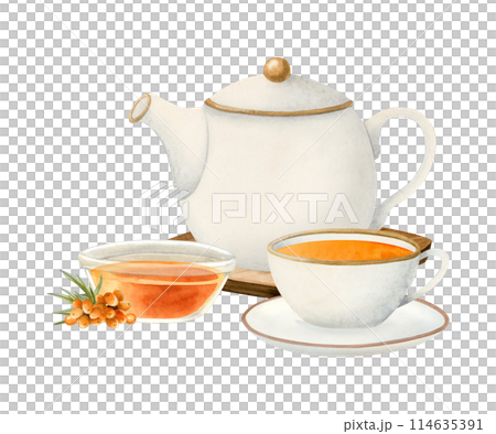 Tea party with white teapot, herbal sea buckthorn jam and orange tea in elegant cup watercolor isolated illustration for natural organic drinks, vegan cafe menus and healthy drinks recipes 114635391