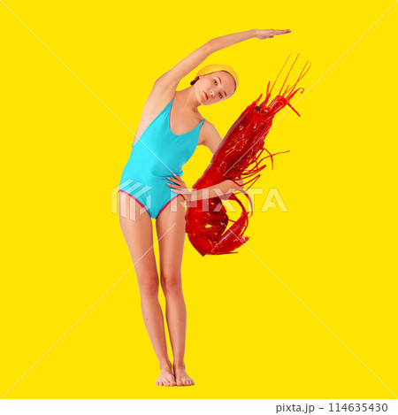Young girl in blue swimsuit posing with giant red lobster against bright yellow background. Beach cafe. Contemporary art collage. 114635430