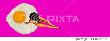 Top view of woman in hat and swimsuit sunbathing on giant fried egg against bright pink background. Contemporary art collage. 114635433