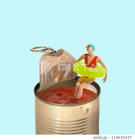 Surreal composition of woman in retro swimsuit and swimming ring lounging in can of tomato soup . Contemporary art collage. Surreal composition of woman in retro swimsuit and swimming ring lounging in can of tomato soup . Contemporary art collage. 114635437