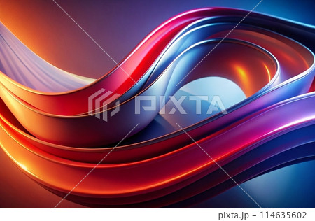 Abstract, modern design with glossy, flowing shapes, warm to cool color palette, dynamic atmosphere, generative ai 114635602