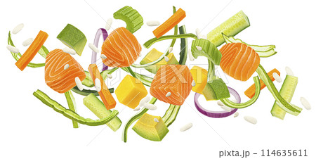 Wakame seaweed salad with falling salmon cubes isolated on white background, full depth of field 114635611