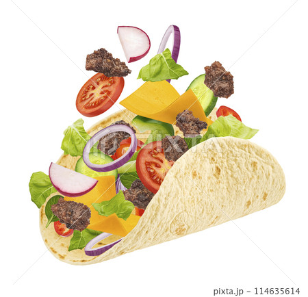 Doner kebab, falling beef shawarma ingredients isolated on white background, full depth of field 114635614