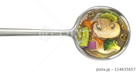 Spoon with mushroom soup, champignon broth isolated on white background, full depth of field, top view 114635657