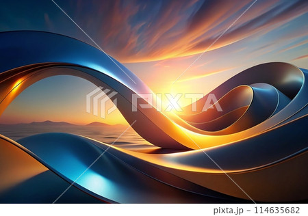 Abstract, modern design with warm to cool color gradient, glossy, flowing shapes, sunrise/sunset effect, generative ai 114635682