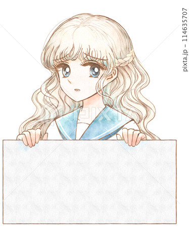 手描き水彩風・パネルを持って心配そうにする美少女のイラスト 114635707