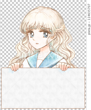 手描き水彩風・パネルを持って心配そうにする美少女のイラスト 114635707