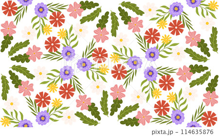 Seamless pattern with floral elements. Kaleidoscope effect Botanical inspired repeated design with green leaves and sort of different flowers - lilac, pink, red, yellow Seamless pattern with floral elements. Kaleidoscope effect Botanical inspired repeated design with green leaves and sort of different flowers - lilac, pink, red, yellow 114635876