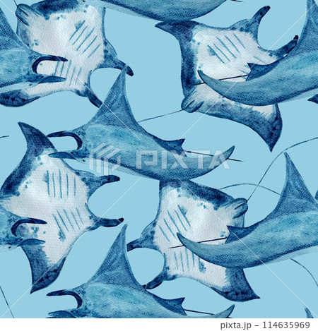 Manta ray busy watercolor seamless pattern on blue background. High quality hand-drawn monochromatic illustration for notebooks, posters, wallpaper, textile, beach towel, wrapping paper, room decor 114635969