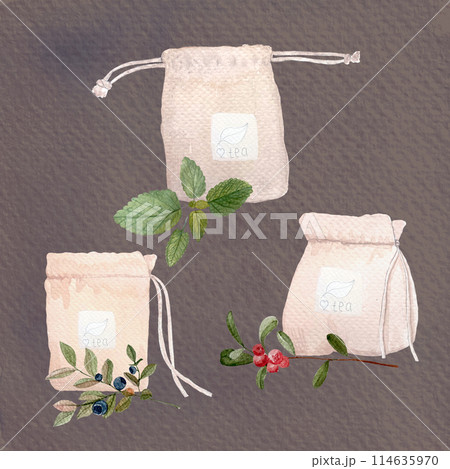 Lemon balm leafs, cowberry, blueberry tea watercolor set on brown background. High quality hand drawn art. wild herb great for cards, packages, tea, infusions, herbal medicine recipes, stickers, tape 114635970