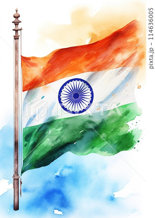 Vibrant watercolor painting of the Indian flag with the Ashoka Chakra in the center. Indian Independence Day. Ideal for celebrating India's culture and national pride. Vertical format. Generative AI. 114636005