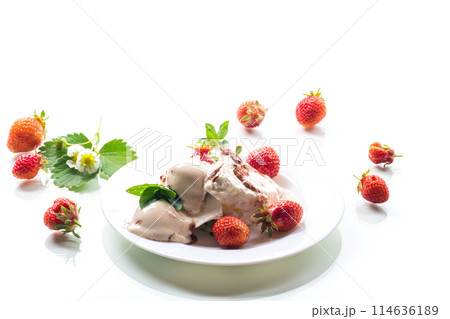 fresh organic cottage cheese with strawberries and ice cream in a plate fresh organic cottage cheese with strawberries and ice cream in a plate 114636189