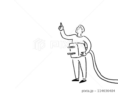 プラグを抱えて上を指差す男性、線画 114636484