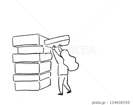 箱、本を積み重ねている女性の後ろ姿、線画 114636550