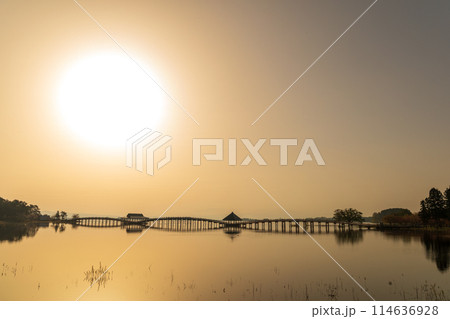 「青森県」朝日に照らされた美しい鶴の舞橋 114636928