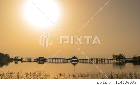 「青森県」朝日に照らされた美しい鶴の舞橋 114636935