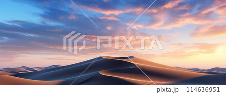 Sand dunes under sunset or sunrise glowing sky with clouds, dramatic desert landscape 114636951