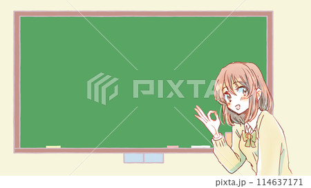 OKサインを出す女子学生 黒板 OKサインを出す女子学生 黒板 114637171