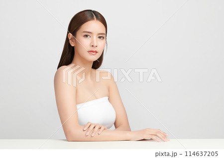 Beautiful young asian woman with clean fresh skin on white background, Face care, Facial treatment, Cosmetology, beauty and spa, Asian women portrait. 114637205