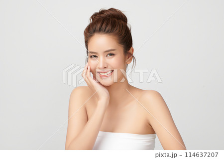 Beautiful young asian woman with clean fresh skin on white background, Face care, Facial treatment, Cosmetology, beauty and spa, Asian women portrait. 114637207
