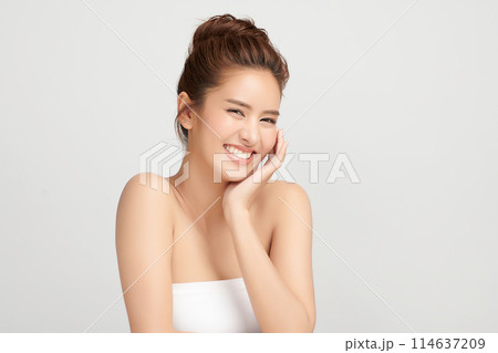 Beautiful young asian woman with clean fresh skin on white background, Face care, Facial treatment, Cosmetology, beauty and spa, Asian women portrait. 114637209