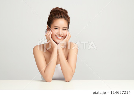 Beautiful young asian woman with clean fresh skin on white background, Face care, Facial treatment, Cosmetology, beauty and spa, Asian women portrait. Beautiful young asian woman with clean fresh skin on white background, Face care, Facial treatment, Cosmetology, beauty and spa, Asian women portrait. 114637214