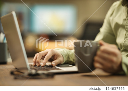 コーヒーを飲みながらパソコンを見る若い男性 114637563