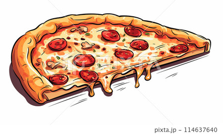 Delicious Italian pizza with salami, tomatoes, and cheese on a plate, isolated on white background 114637640
