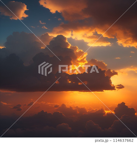 夕焼けの光に照らされた壮大な空 114637662