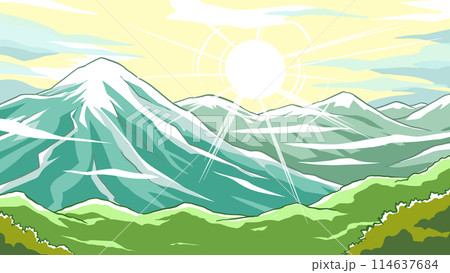 山と朝日 114637684