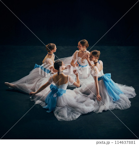 Four beautiful, elegant ballerinas sitting together, their white dresses and blue bows spreading elegantly around them. Four beautiful, elegant ballerinas sitting together, their white dresses and blue bows spreading elegantly around them. 114637881