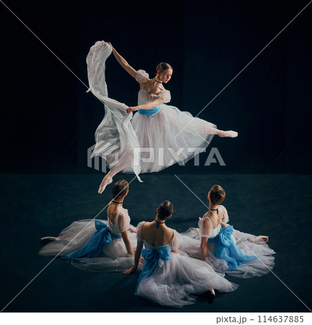 Young ballerina captured mid-air in graceful leap, her white tutu flowing around, while her partner sitting below. 114637885
