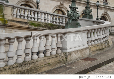 Pathway with white handrail leading to the Entrance to The opera house Palais Garnier. Pathway with white handrail leading to the Entrance to The opera house Palais Garnier. 114638084