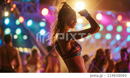 a solitary dancer lost in the rhythm of the music, at a music festival a solitary dancer lost in the rhythm of the music, at a music festival 114638093