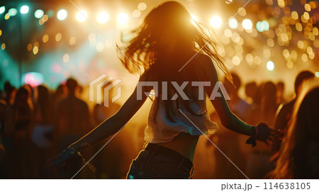 a solitary dancer lost in the rhythm of the music, at a music festival 114638105