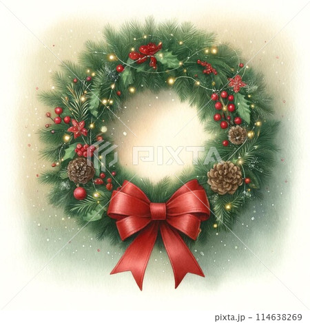 赤いリボンのクリスマスリースのイラスト素材 [114638269] - PIXTA