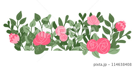 Floral border or horizontal banner with abstract stylized flowers. Hand drawn flat abstract plants and branches. Botanical natural background isolated on white background. 114638408