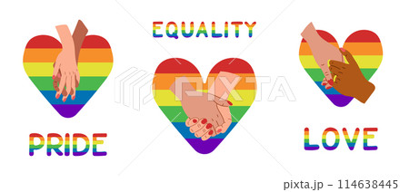 Set of flat posters supporting LGBTQIA community. Text Equality, Pride and Love in rainbow colors. Peaceful and equality concept. Flat hand drawn illustration with rainbow heart and couple of hands 114638445