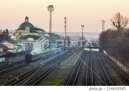 View of the rail road tracks from above View of the rail road tracks from above 114638565