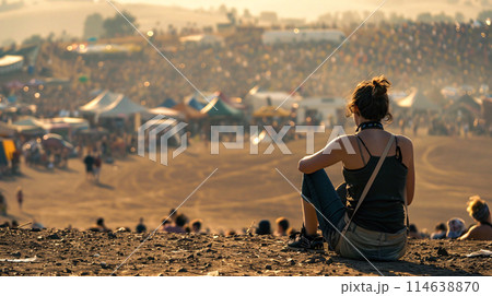 festival goer figure perched atop a hill overlooking a one of the largest summer music festival 114638870