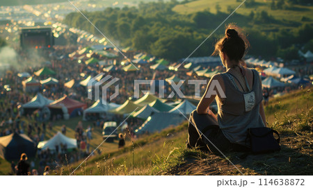 festival goer figure perched atop a hill overlooking a one of the largest summer music festival 114638872