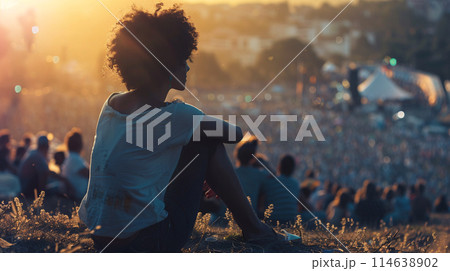 festival goer figure perched atop a hill overlooking a one of the largest summer music festival 114638902